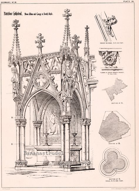 This is an elegant 1872 architectural plate showing Ratisbon Cathedral in Regensburg, Germany, specifically the stone altar and canopy in the south aisle. Size: approx. 9.75 inches x 13.5 inches This antique print, part of a portfolio of richly detailed architectural drawings by renowned Victorian architect Richard Norman Shaw, is in very good condition. The full print is shown in the last photo. Other photos show details from the print. For the other plates in this series, click on: https://www Victorian Cathedral, Stone Altar, Regensburg Germany, Cathedral Architecture, Architecture Design Sketch, Cathedral City, Architecture Tattoo, Gothic Design, Architectural Prints