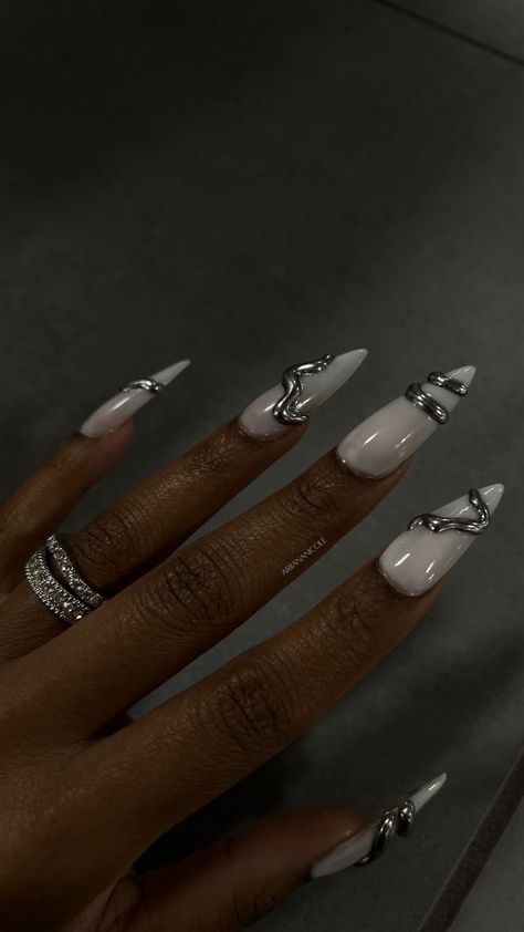 Milky white nails with silver 3D chrome design Chrime Nails, 3d Chrome Nails, Euphoria Nails, Gel X Nails, X Nails, 3d Chrome, Nails Chrome, Chrome Nail Art, Punk Nails