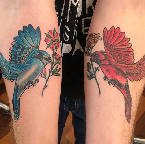 Blue Jay And Cardinal, Red Cardinal Tattoo, Red Cardinal Tattoos, Blue Jay Tattoo, Jay Tattoo, Cardinal Tattoo, Cardinal Tattoos, Red Cardinal, Blue Jay