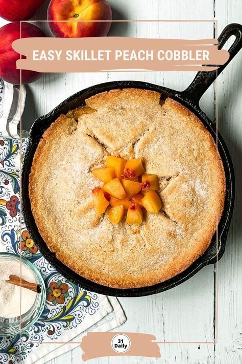 Skillet Peach Cobbler: Quick, Easy & Delicious! Skillet Peach Cobbler, Peach Cobbler Ingredients, 31 Daily, Super Easy Desserts, Dump Cakes, Easy Sweets, Easy Skillet, Pie Crusts, Peach Cobbler Recipe