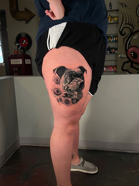 Dog Portrait Tattoo, Tattoo On Leg, Dog Memorial Tattoos, Realistic Portrait, Memorial Tattoo, Sunflower Tattoo, Face Tattoo, Dog Tattoo, Dog Memorial