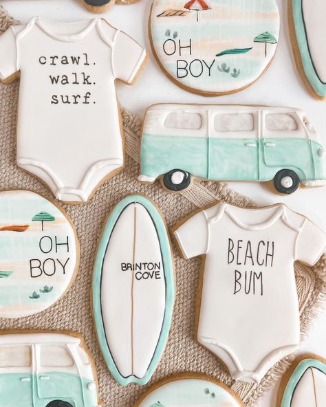 Surfer Baby Shower, Surf Birthday Party, Baby Boy Cookies, Surfer Baby, Surf Birthday, Surf Baby, Beach Baby Showers, 1st Birthday Party Themes, Beach Shower