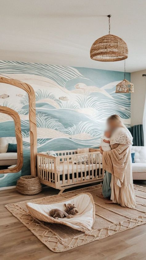 neutral ocean theme nursery with waves wallpaper, mom holding her baby. baby crib and rug. Ocean Nursery Ideas, Serene Nursery, Ocean Theme Nursery, Neutral Baby Nursery, Calm Coastal, Baby Nursery Ideas, Ocean Themed Nursery, Safari Theme Nursery, Animal Ideas