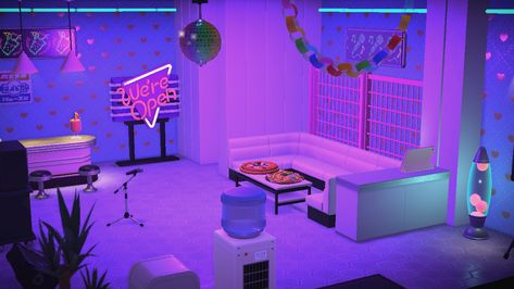 Acnh Karaoke Bar, Acnh Karaoke, Acnh Hhp, Club Interior, Ac Ideas, Karaoke Room, Cyberpunk Design, Roller Rink, Laser Beam