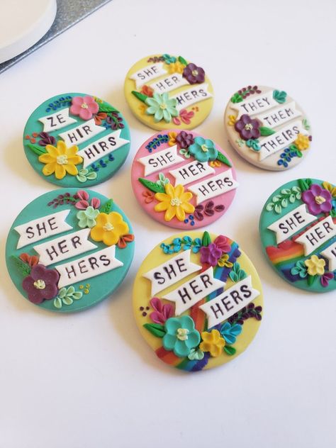 Pronoun Pins, Protest Art, Picture Pendant, Polymer Jewelry, Flag Background, Floral Pendant, Bake Sale, Pink Beige, Super Sweet