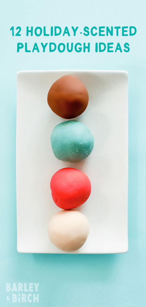 Four balls of DIY holiday-scented playdough sitting on a play tray ready for winter, Christmas, or holiday sensory play Holiday Scented Playdough, Winter Scented Playdough, Diy Scented Playdough, Gingerbread Playdough Kit, Diy Christmas Playdough, Christmas Playdough Ideas, Winter Playdough Ideas, Gluten Free Play Dough Recipe, Christmas Playdough Recipe