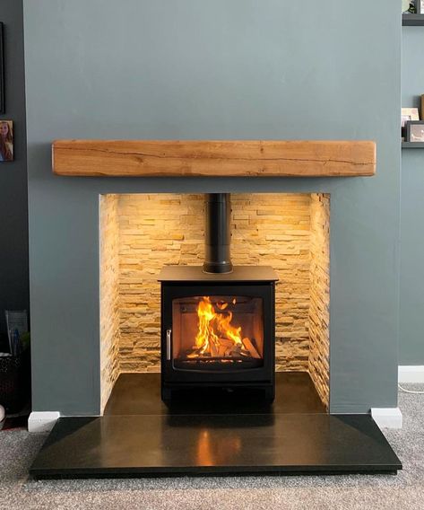 Wooden Beam Fireplace, Log Burner Fireplace Ideas Modern, Sleeper Mantlepiece, Chunky Fireplace Mantle, Black Hearth Fireplace, Small Woodburner Fireplace, Oak Mantle Fireplace, Log Burner Fireplace Ideas, Woodburner Fireplaces