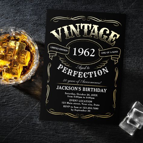 Any Age Vintage Whiskey Themed Birthday Foil Invitation Vintage Aged To Perfection, Vintage Party Theme, Olive Martini, Ivory Wedding Invitations, Surprise Party Invitations, Vintage Whiskey, Surprise Birthday Invitations, Whiskey Label, 80th Birthday Invitations