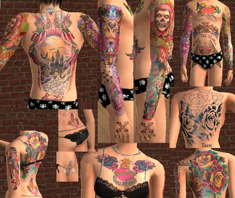 sXe Color Tattoo Skin by XJonasX via modthesims | Skins | Tattoo | Unisex Teen to Elder | Maxis Match | TS2 | Sims 2 | pinned by aeonpixels Sims 2 Makeup, Rockstar Tattoo, Skin Color Tattoos, Sims 4 Tattoos, Pelo Sims, Tattoo Skin, Play Sims, Free Sims, Full Body Suit