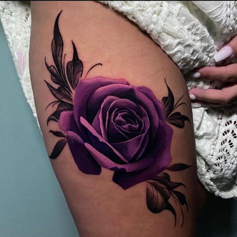 Purple Rose Tattoo, Uv Ink Tattoos, Purple Rose Tattoos, Watercolor Tattoo Ideas, Watercolor Rose Tattoos, Girl Shoulder Tattoos, Wrist Tattoo Cover Up, Purple Tattoos, Floral Tattoo Shoulder