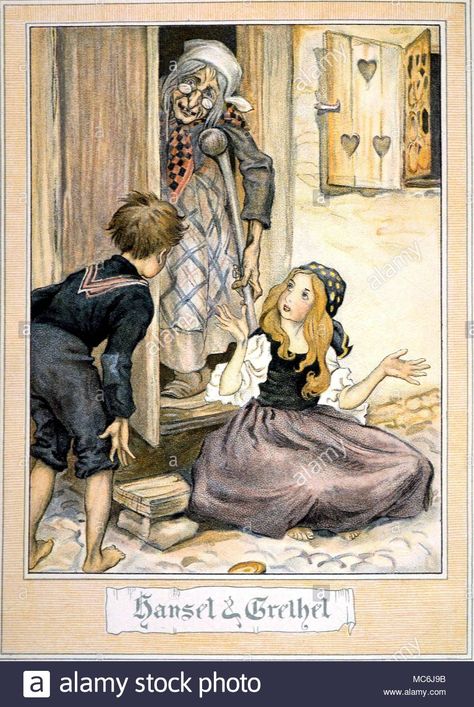 FAIRY STORIES - HANSEL AND GRETEL.  Hansel and Gretel in front of the witch's house.  Illustration by Arthur Rackham for the E Lucas translation of Fairy Tales of the Brothers Grimm - Stock Image Soviet Postcards, 동화 삽화, Fairytale Nursery, Three Musketeers, Brothers Grimm, Grimm Fairy Tales, Fairytale Illustration, Vintage Fairies, Fairytale Art