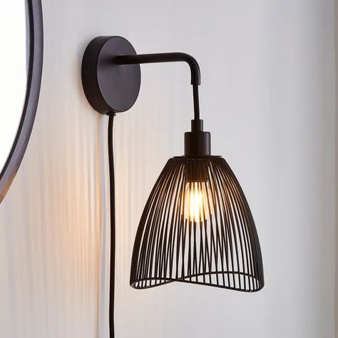 Elements Jaula Wall Light Black | Dunelm Plug In Wall Light, Opal House, Plug In Wall Lamp, Wall Hanging Lights, Black Wall Lights, Plug In Wall Lights, Bedside Wall Lights, Wall Lights Bedroom, House Bedroom