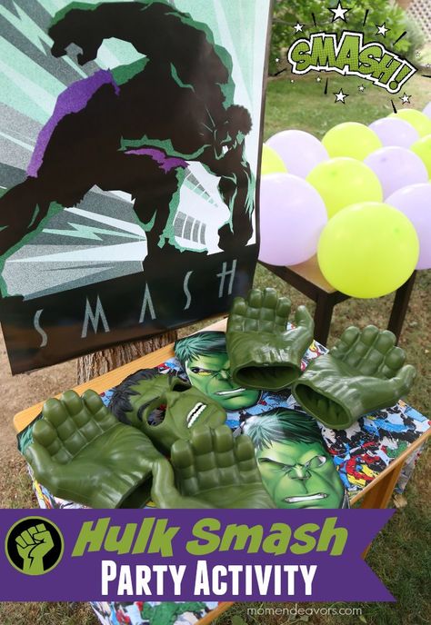 The Hulk Party Ideas, Hulk Party Games, Hulk Party Activities, Hulk Smash Game, Hulk Birthday Party Ideas, Superhero Party Activities, Hulk Third Birthday, Hulk Smash Party Game, Movie Night Activities