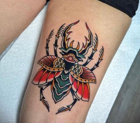 Traditional Insect Tattoo, Chest Tattoo Traditional, Traditional Tattoo Animals, Traditional Chest Tattoo, Scarab Tattoo, Tattoo Animals, Traditional Chest, Beetle Tattoo, American Traditional Tattoo Ideas