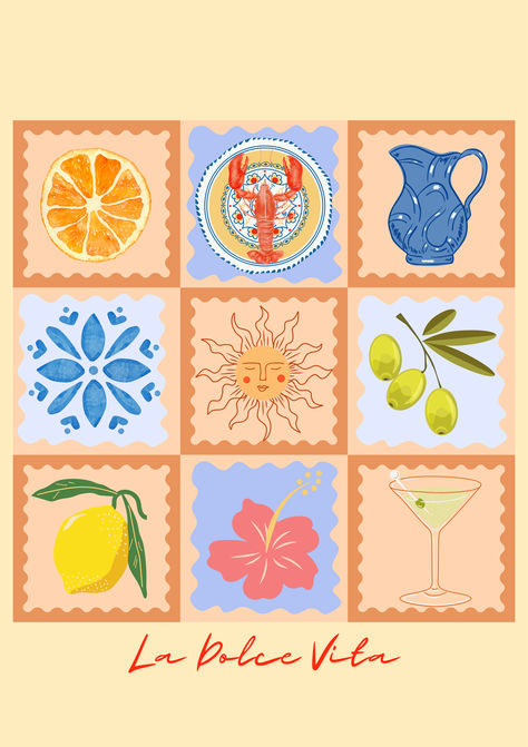 Experience the essence of a 'La Dolce Vita' summer with this modern, Italian-inspired printable art piece. The design features a patchwork pattern of squares with wavy borders, each filled with summer-themed illustrations. The gentle and appealing colour palette of buttery yellow, orange, blue, and red will add a vibrant touch of summer to your interior decor. Italian Summer Theme, Italian Coast Aesthetic, Italy Illustration Art, Sicilian Art, Mediterranean Wall Art, Italy Illustration, Mediterranean Wall, Italian Pattern, Themed Illustrations