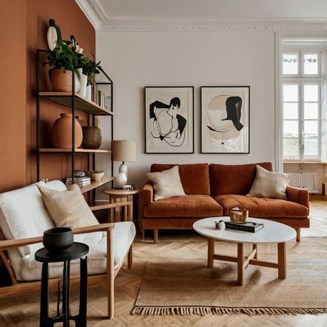 Terracota Walls Living Rooms, Terracota Living Rooms, Terracotta Lounge, Burnt Orange Lounge, Terracota Interior, Terra Cotta Living Room, Terracotta Living Room, Burnt Orange Living Room, Practical Home Decor