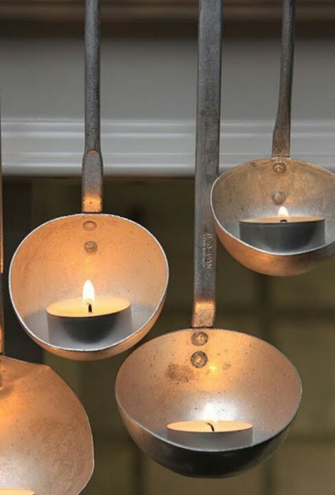 Ladle Tea Candles Ladle Candle Holder, Restaurant Vintage, Vintage Restaurant, The Ceiling, Primitive Decorating, Tealight, Christmas Inspiration, Kitchen Lighting, Restaurant Design