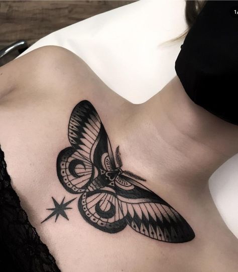 Butterfly Chest Tattoo Female, American Traditional Moth, Moth Chest Tattoo, Butterfly Chest Tattoo, Traditional Moth, Inside Of Arm Tattoo, Chest Tattoo Female, Minimalist Tattoo Ideas, Ghost Tattoo