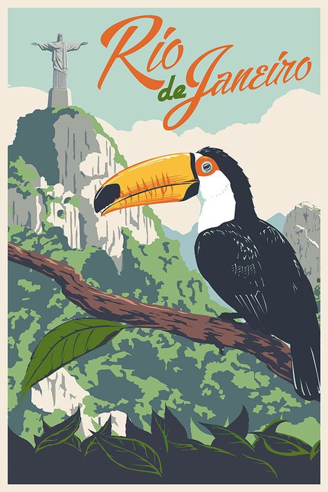 Vintage Brazil, Modern Vintage Art, Christ The Redeemer, Brazil Travel, Illustration Wall Art, Salou, Landscape Illustration, Vintage Art Prints, Travel Poster