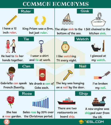 Homonym: List of 300+ Homonyms in English with Examples - 7 E S L Should be, 1. The ship sinks to the bottom of the sea. 2. There are two restaurants on the ship. Homonyms Examples, Homonyms List, Homonyms Words, Commonly Confused Words, English Language Teaching, Speech Language Therapy, Learn English Vocabulary, Language Teaching, English Phrases