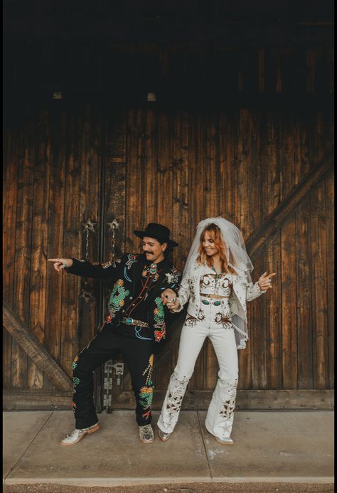 Wedding Suits With Boots, Cowboy Vegas Wedding, Vegas Wedding Suit Men, Vintage Tuxedo Wedding, Urban Cowboy Wedding, Retro Wedding Suit, Western Courthouse Wedding, Vegas Wedding Outfit Ideas, Space Cowboy Wedding