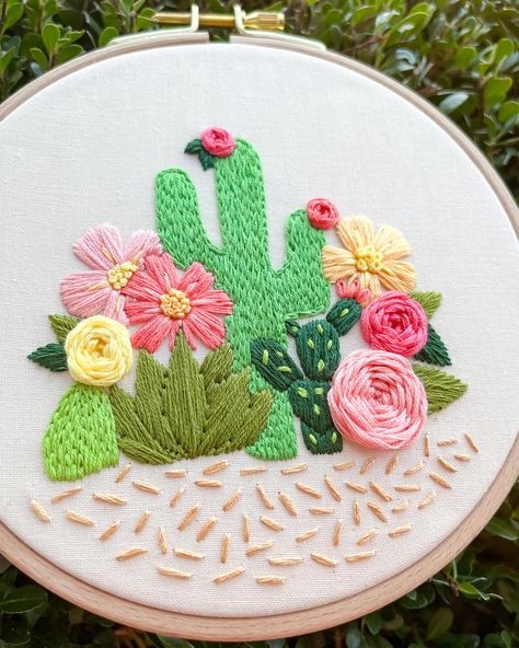 Blossoming Embroidery, Pattern 4/15: Cactus Blossoms 🌸🌵 This is one of my favorite pieces in the book! 🥰 I did a cactus design several years ago, but this one feels like the perfect refresh and a great addition to the book. Lots of texture in the pattern, and you’ll get to practice several stitches like split stitch, seed stitch, satin stitch, and woven roses. My book is available for pre-order now, and you can grab it using the link in my story highlights or bio! If you have any questions, ... Cacti Embroidery, Cactus Embroidery Pattern, Embroidery Cactus, Split Stitch, Embroidered Converse, Cactus Embroidery, Cactus Blossoms, Cactus Design, Hand Embroidery Projects