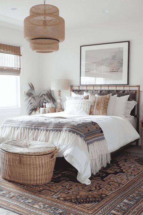 I love boho bedroom decor because it allows for a free-spirited and eclectic style that reflects my personality. The mix of patterns, textures, and colors creates a cozy and inviting atmosphere that feels both relaxed and vibrant. The use of natural materials such as rattan, jute, and wood brings a sense of warmth and earthiness to the space. Boho Bedroom Decor Ideas, Boho Bedroom Ideas, Bohemian Furniture, Boho Style Bedroom, My Personal Style, Mixed Patterns, Bohemian Inspiration, Boho Chic Bedroom, My Personality