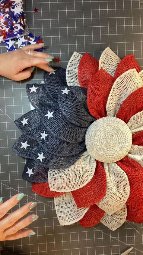 Pin on YouTube Tutorials - Julie's Wreath Boutique Burlap Wreath Tutorial, Deco Mesh Wreaths Tutorials, Burlap Flower Wreaths, Burlap Wreath Diy, Deco Mesh Wreaths Diy, Flag Wreath, Holiday Wreaths Diy, Mesh Wreath Tutorial, 4th July Crafts