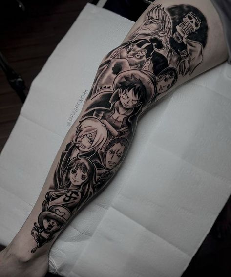 Anime Tattoo Leg Sleeve, One Piece Leg Tattoo, Luffy One Piece Tattoo Design, One Piece Sleeve Tattoo, Anime Leg Sleeve Tattoo, One Piece Anime Tattoo, Luffy Tattoo Ideas, One Piece Tattoo Ideas, Anime Tats