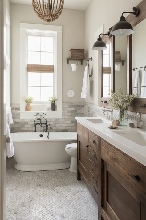 13 Unique Farmhouse Bathroom Ideas That Will Transform Your Space – HomelyTip Barndominium Interior Bathroom, Small Bathroom Farmhouse Ideas, Master Bath Ideas Farmhouse, Modern Farmhouse Shower Ideas, Country Modern Bathroom, Southern Bathroom Ideas, Traditional Master Bath Ideas, Wooden Bathroom Ideas, Rustic Master Bath Ideas