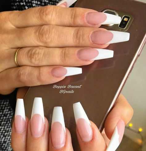 Long Coffin White French Tip Nails, Square French Tip Acrylic Nails Coffin, French Tip Gel X Nails Long, French Tip Nails Different Shapes, French Tips Coffin Long, Long Nail French Tip Designs, Long Acrylic Nails Ballerina Shape, Long White Tip Nails, French Manicure Long Nails Coffin