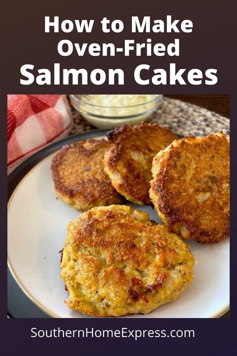 plate of salmon patties with a bowl of tartar sauce Baked Salmon Patties, Salmon Croquettes Recipe, Canned Salmon Patties, Fried Salmon Patties, Oven Salmon, Salmon Cakes Recipe, Canned Salmon Recipes, Croquettes Recipe, Salmon Croquettes