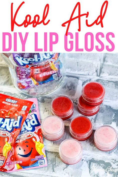 Your kids are going to LOVE this easy DIY!  Using just 4 ingredients, including Kool Aid drink mix, you can make up this simple flavored lip gloss.  Contains all edible ingredients! Change the color of the lip gloss based on which flavor Kool Aid you use! My kids love making their own lip gloss.  Great, easy, budget-friendly craft to try out! #diy #spa #lipgloss #kids #mamacheaps Kool Aid Lip Gloss, Lip Gloss At Home, Lip Gloss Diy Recipes, Easy Lip Balm, Spa Day For Kids, Diy Lipgloss, Kool Aid Flavors, Lip Gloss Recipe, Homemade Lip Balm Recipe