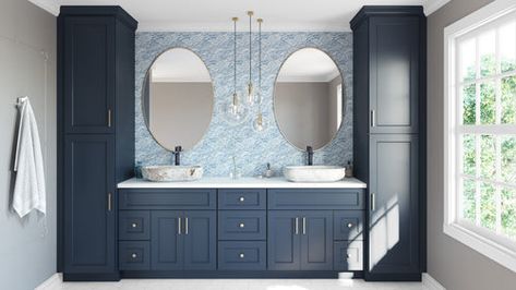 Highland Signature Blue – Denver Cabinet Express Dual Vanity Bathroom Ideas, New York Brownstone, Navy Cabinets, Sink Base Cabinet, Blue New York, Cabinet Boxes, Blue Cabinets, Double Sink Vanity, Quality Cabinets