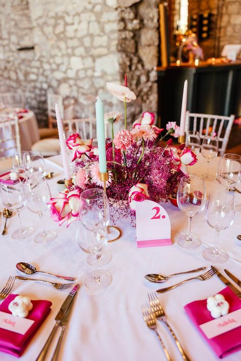 Pink Wedding Place Settings, Wedding Table Name Ideas, Table Name Ideas, Pastel Candles, Pink Flowers Photography, Bright Pink Wedding, Pink Tablescape, Blue Taper Candles, Wedding Table Name