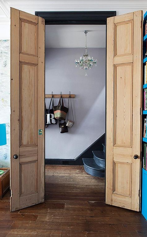 Full-height double doors lead to the hallway Tall Narrow Double Doors, Internal Hallway Doors, Solid Interior Double Doors, Cottage Double Doors, Double Doors To Bathroom, Wide Doors Interior, Double Door Interior Bedroom, Hallway Double Doors, Double Door To Bedroom