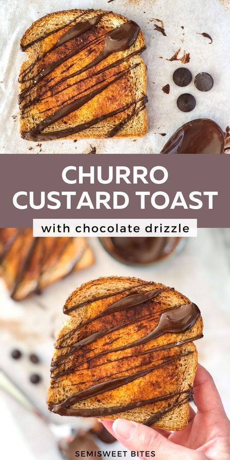 This cinnamon sugar toast is a fun spin on the viral TikTok yogurt toast recipe, inspired by Spanish churros and dipping chocolate! This Greek yogurt custard toast has a broiled cinnamon sugar topping and melted dark chocolate drizzle for a delicious sweet snack or easy dessert! Dessert Toast, Yogurt Custard, Toast Dessert, Custard Toast, Yogurt Toast, Dipping Chocolate, Cinnamon Sugar Toast, Spanish Churros, Banana Breakfast Recipes