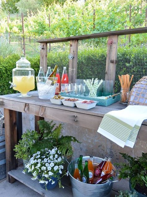 Potting Bench Bar, Porch Party, Summer Market, Beverage Bar, Outdoor Kitchen Bars, Party Hardy, Fall Garden Vegetables, Patio Inspiration, Backyard Entertaining