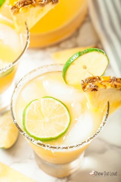 Big Batch Pineapple Margaritas Recipe | Chew Out Loud Pineapple Margaritas, Pineapple Margarita Recipe, Frozen Cocktail, Margarita Salt, Best Summer Cocktails, Roasted Garlic Hummus, Margarita Ingredients, Chunky Guacamole, Pineapple Margarita