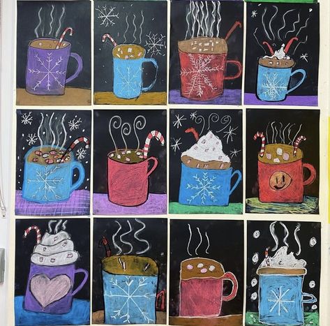 Hot Chocolate Art Project For Kids, Hot Chocolate Art, Pencil For Drawing, Grade 1 Art, Holiday Art Projects, Winter Art Lesson, Christmas Art Projects, 2nd Grade Art, Winter Art Projects