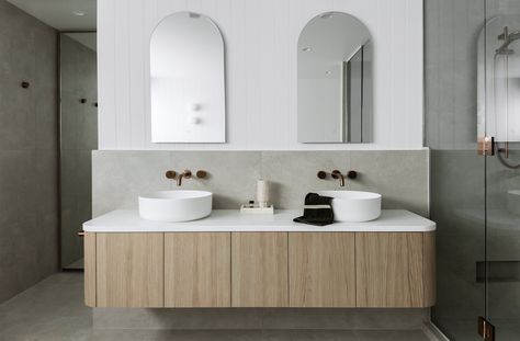 Holiday House — Twill Interiors - Creating beautiful homes in the Bay of Plenty Arched Mirrors, Coastal Bathroom, Bay Of Plenty, Coastal Bathrooms, Arch Mirror, Holiday House, Young Family, Double Vanity, Holiday Home