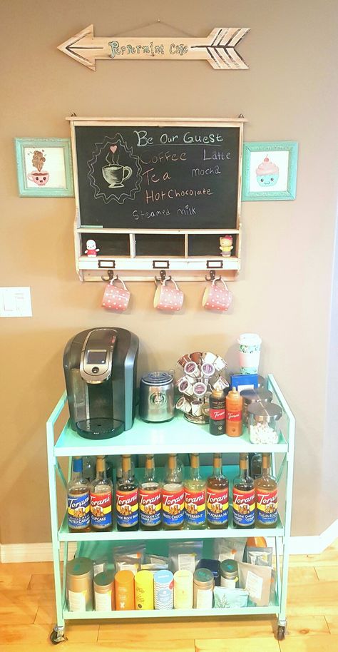 My home coffee bar. Mint colored with pink accents. Coffee Bar Ideas, Tiny Room, Home Coffee Bar, Tea Bar, Coffee Corner, Barbie Dream, Barbie Dream House, House Projects, Bar Ideas