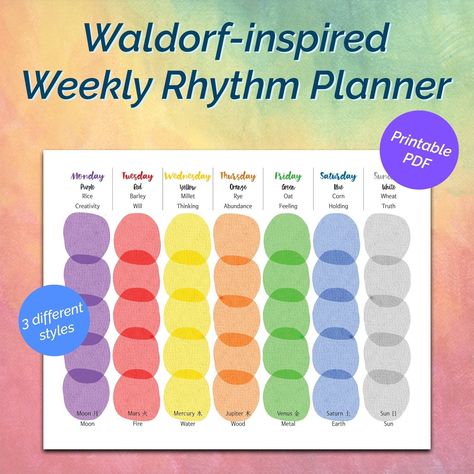 Waldorf Monthly Themes, Waldorf Days Of The Week, Waldorf Classroom Abc Chart, Waldorf Weekly Rhythm Chart, Daily Rhythm Waldorf, Waldorf Weekly Rhythm, Waldorf Preschool, Color Of The Week, Purple Day