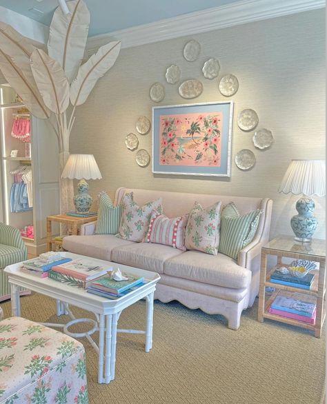 Blush Coastal Decor, Nude Pink Couch Living Room Coastal, Pink Costal Bedroom, Pink And Blue Coastal Decor, Pink Sofa Cottage, Preppy Living Room, Florida Living Room, Beachy Living Room, Nyc Rooms