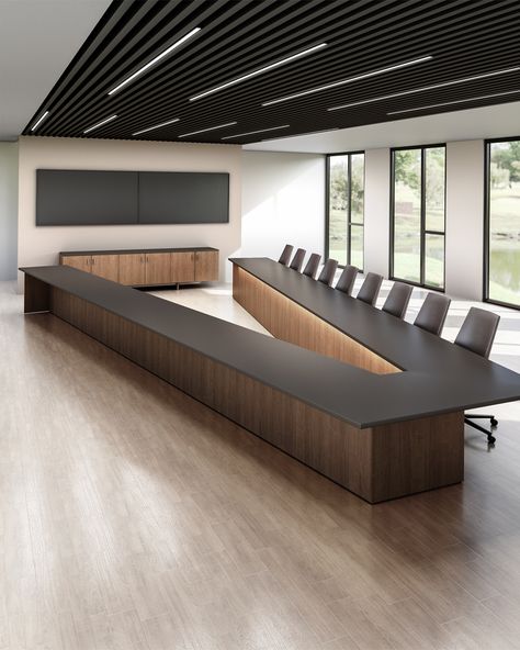 An innovative series of V, O, and U-shaped tables designed for in-person and virtual conferencing. #meeting #office #furniture #videosharing #mediatable #boardroom #interiordesign