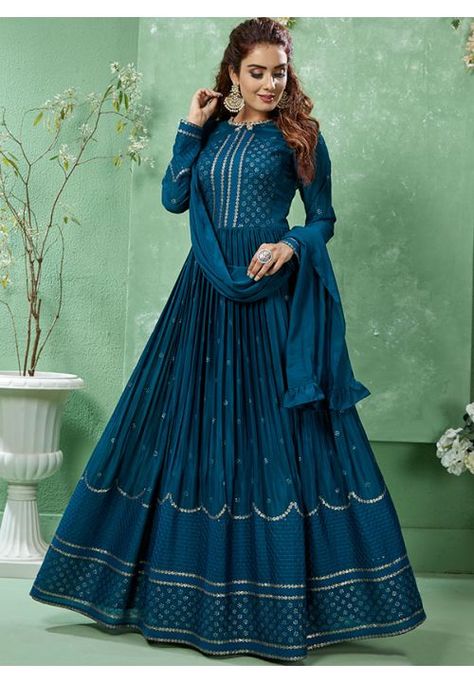 Peacock Blue Anarkali Dress, 2023 Wedding Guest Dresses, Blue Anarkali Dress, Long Dress Indian, Silk Abaya, Indian Wedding Reception Outfits, Reception Outfits, Silk Anarkali Suits, Blue Anarkali