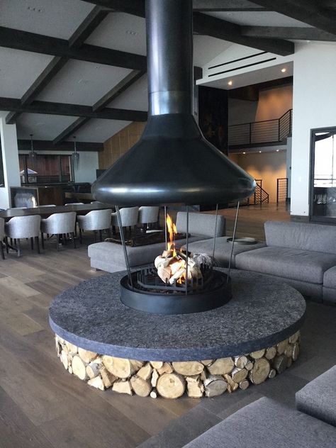 Gallery | Custom Fireplace Design Montana Barndominium, Cabin Fire Pit, Suspended Fireplace, Indoor Fire Pit, Quonset Hut Homes, Wood Stove Fireplace, Hotel Lobbies, Freestanding Fireplace, Custom Fireplace