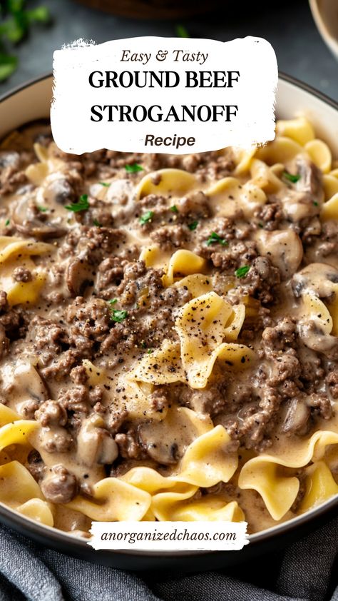 Ground Beef Stroganoff - An Organized Chaos Ground Meat Stroganoff, Diy Beef Stroganoff, Ground Beef Stroganoff With Mushrooms, Ground Beef Stroganoff With Cream Cheese, Simple Ground Beef Recipes Healthy, Instant Pot Stroganoff Ground Beef, Cheap Dinners With Ground Beef, Beef Stroganoff No Cream Of Mushroom, Cheesy Beef Stroganoff