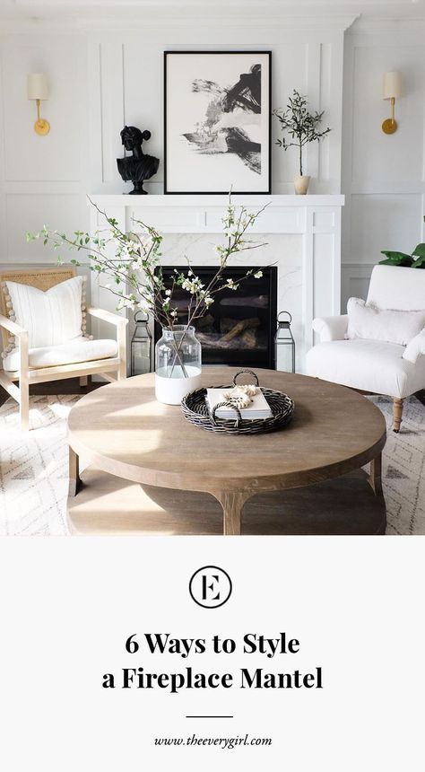 How To Style Sides Of Fireplace, Mantle Decor Scandinavian, White Fireplace Styling, What To Do On Sides Of Fireplace, Transitional Mantel Decor, Modern Mantle Styling, Fireplace Mantel Styling, Mantle Height Above Fireplace, Mantel Styling Ideas