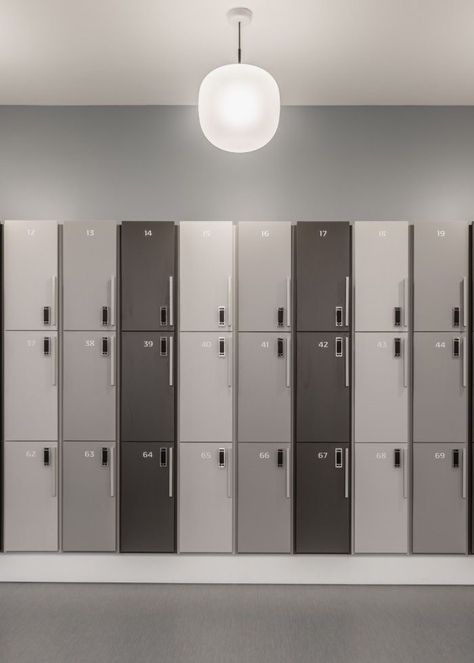 Lockers Room Design, Coworking Space Design, Fishers Indiana, Locker Designs, Cabinet Office, Office Design Inspiration, Coworking Office, Dry Cleaning Services, Matte Tile